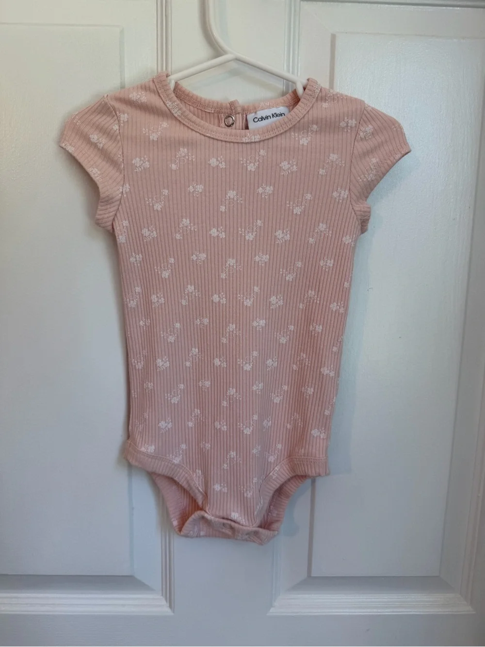 Calvin Klein Blue Denim Pinafore with Pink Floral Bodysuit 18M